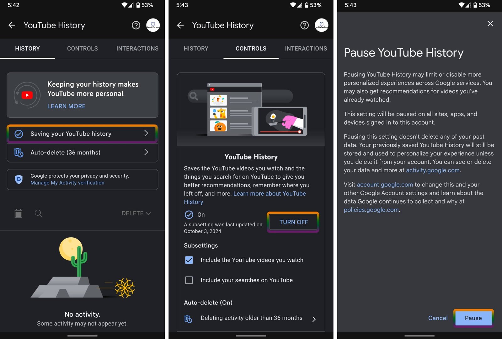 Turning Off YouTube History
