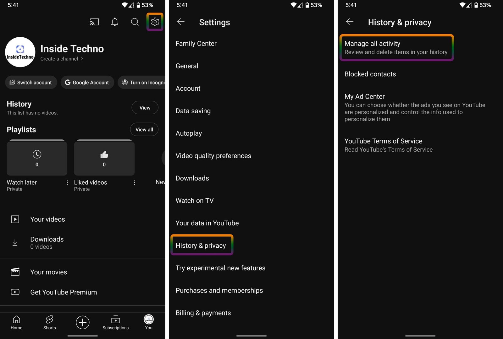 Accessing YouTube History and Privacy settings